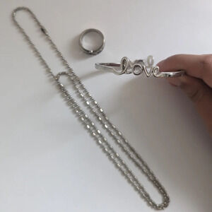 3pc Jewelry Set (Beaded Chain Necklace, "LOVE" Bracelet'  Rhinestone Ring)